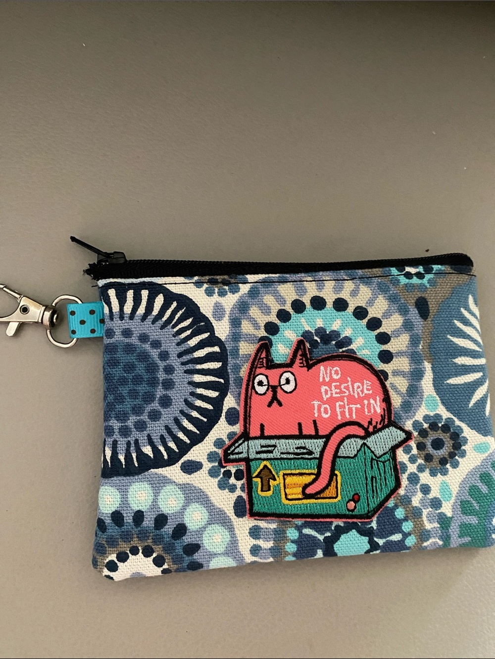 Hand Crafted Blue Patterned Mini Pouch with Pink Cat Graphic